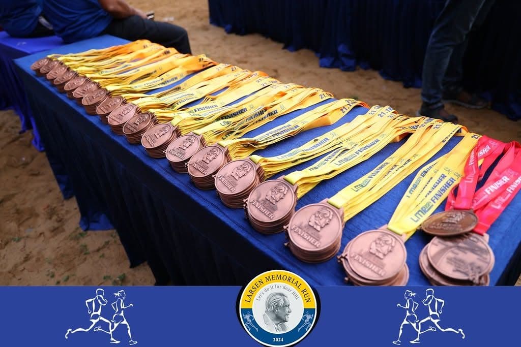 Finisher medals laid out before a race